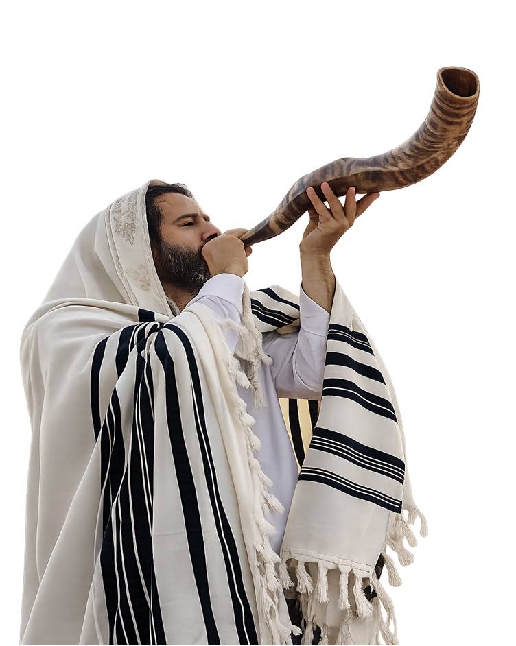 Man wearing a tallit blowing a shofar